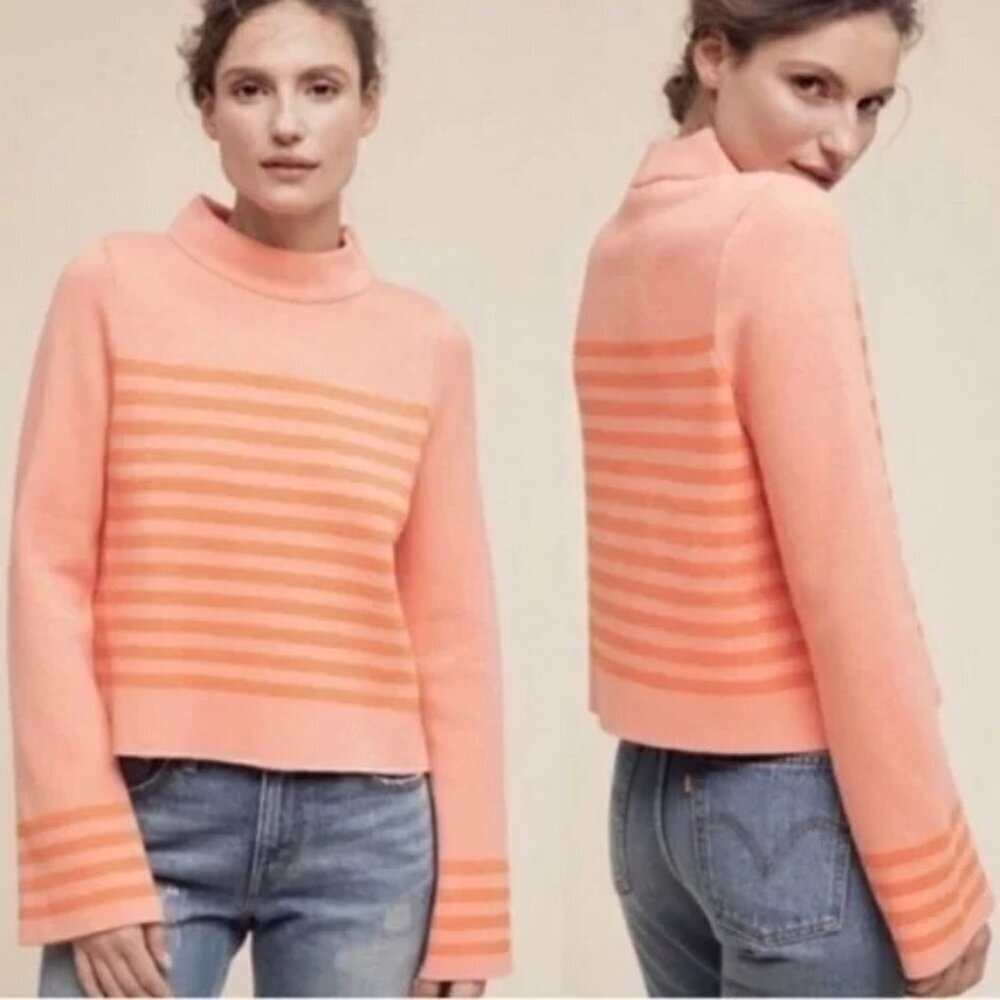 Anthropologie Moth Mock Neck Bell Sleeve Striped Sweater Size M/L Coral Orange